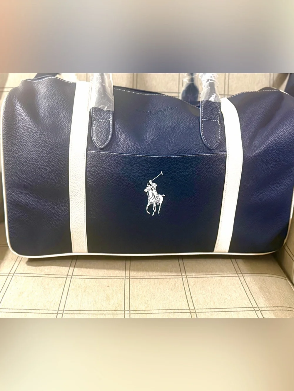 Classic !Ralph Lauren Navy and White Polo Large Vegan Leather Duffel Bag